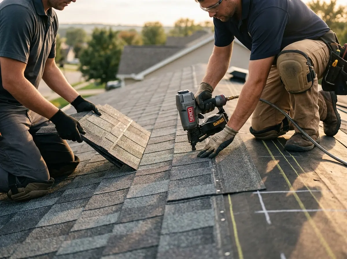Professional roofer working on a residential roof in Lenoir City